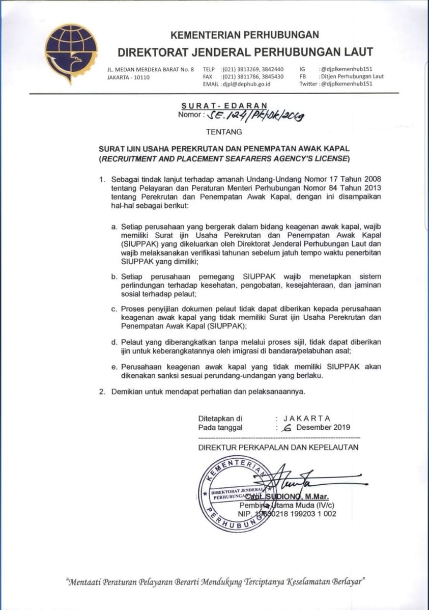 Surat Edaran Dirjen Hubla tentang Surat Izin Usaha Perekrutan dan Penempatan Awak Kapal